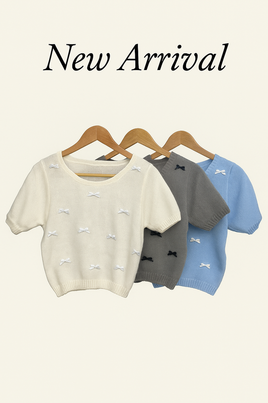 Korean Cute Bow Embroidery Knit Crop Top Short Sleeve for Women