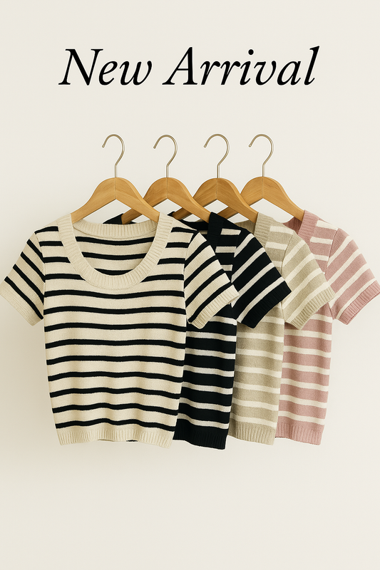 Korean Style Striped Knit Short Sleeve Crop Top for Women