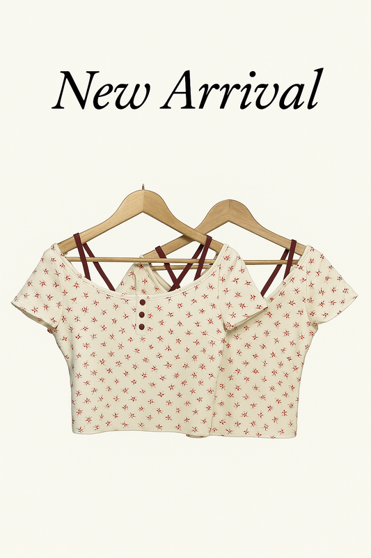 Floral Print Off Shoulder Crop Top with Back Strap for Women korean style