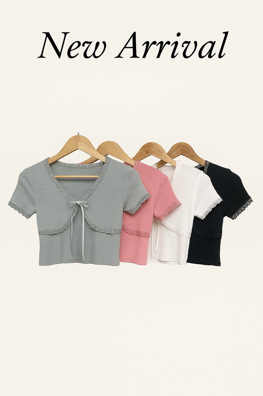 Korean Style Lace Trim Ribbon Tie Knit Crop Top for Women
