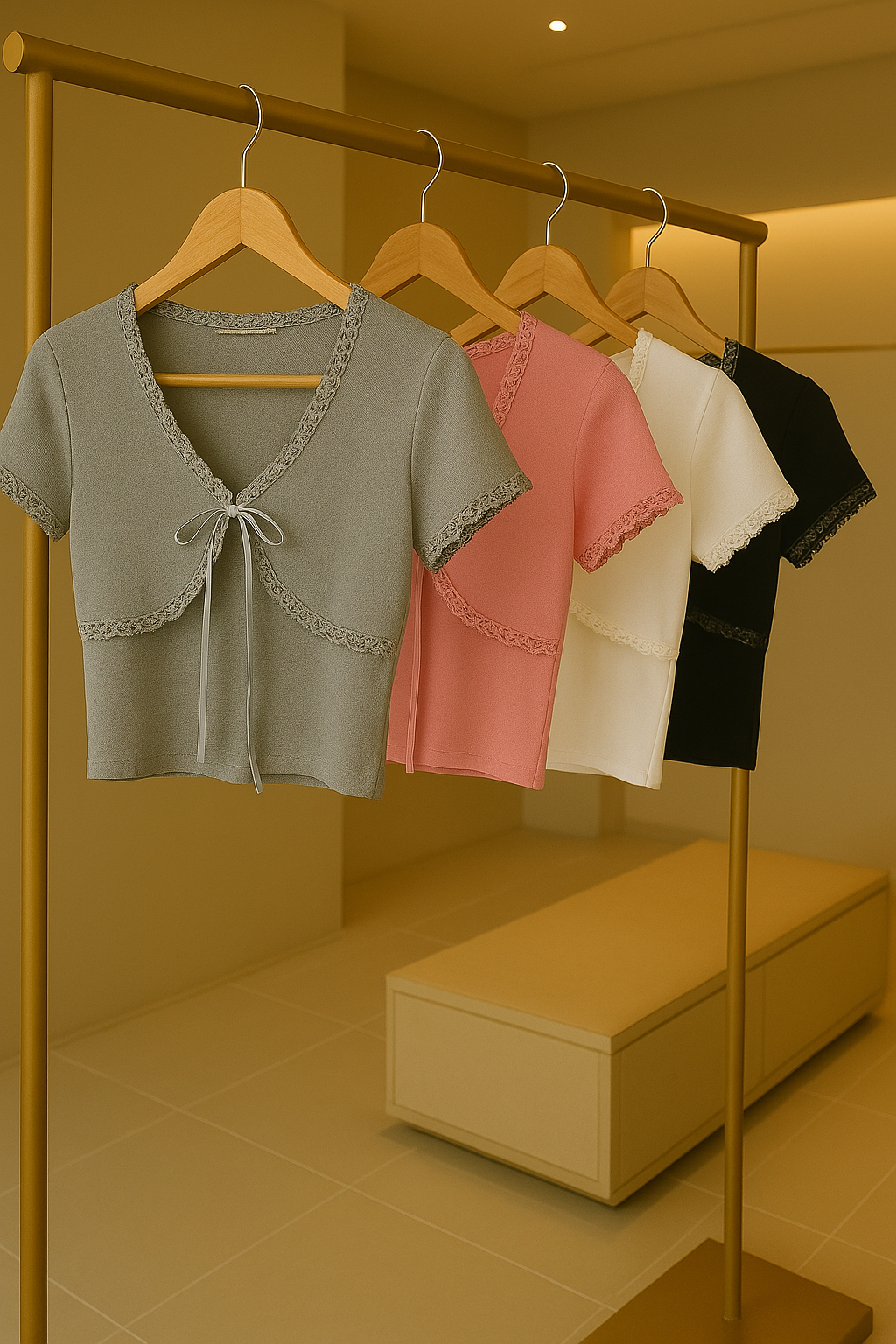Korean Style Lace Trim Ribbon Tie Knit Crop Top for Women