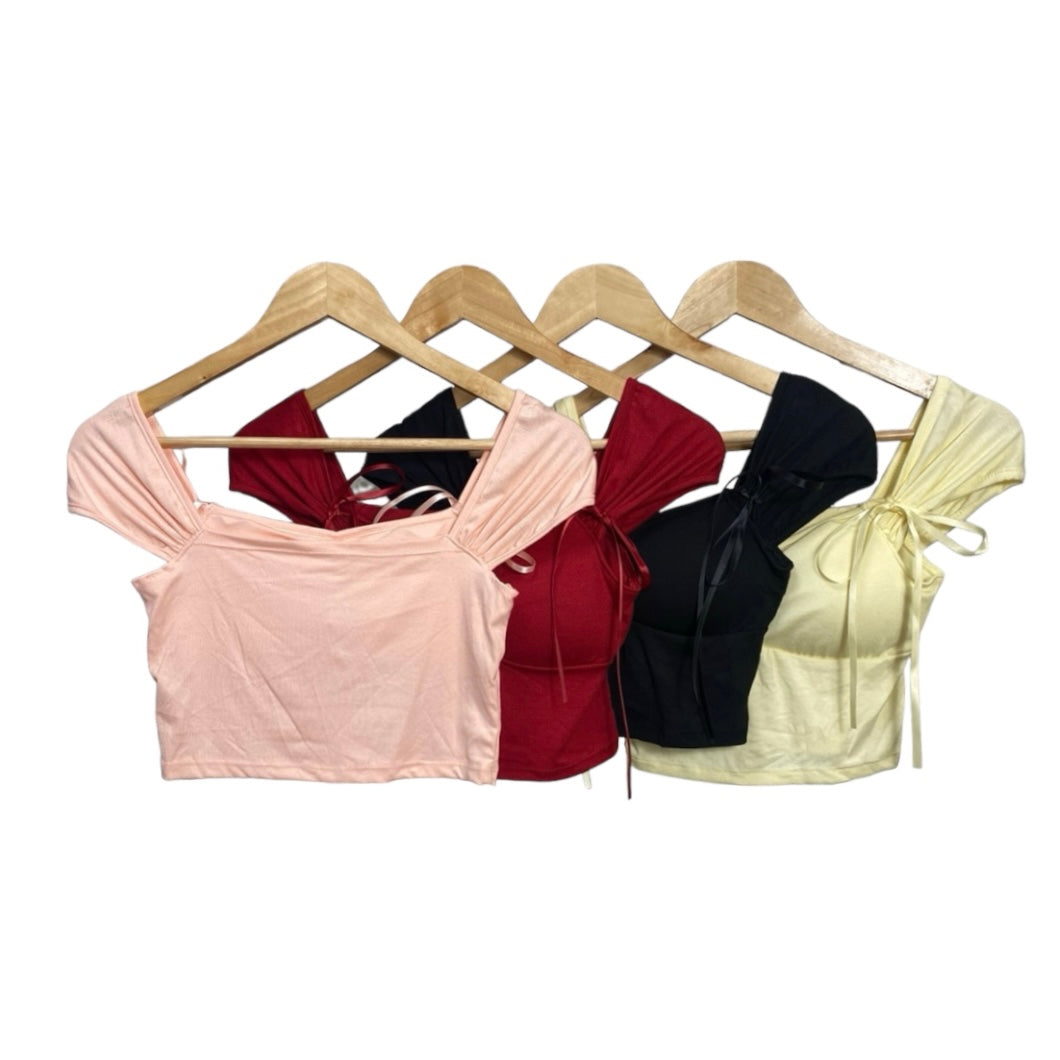 Korean Style Bow Tie Slim Fit Crop Top Short Sleeve for Women