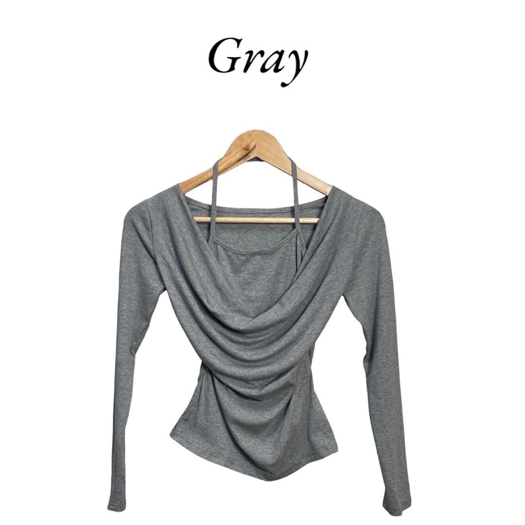 Korean Style Draped Neck Slim Fit Long Sleeve Top for Women