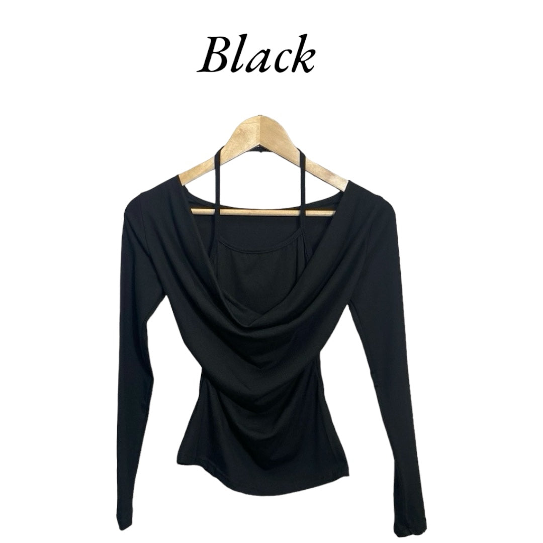 Korean Style Draped Neck Slim Fit Long Sleeve Top for Women