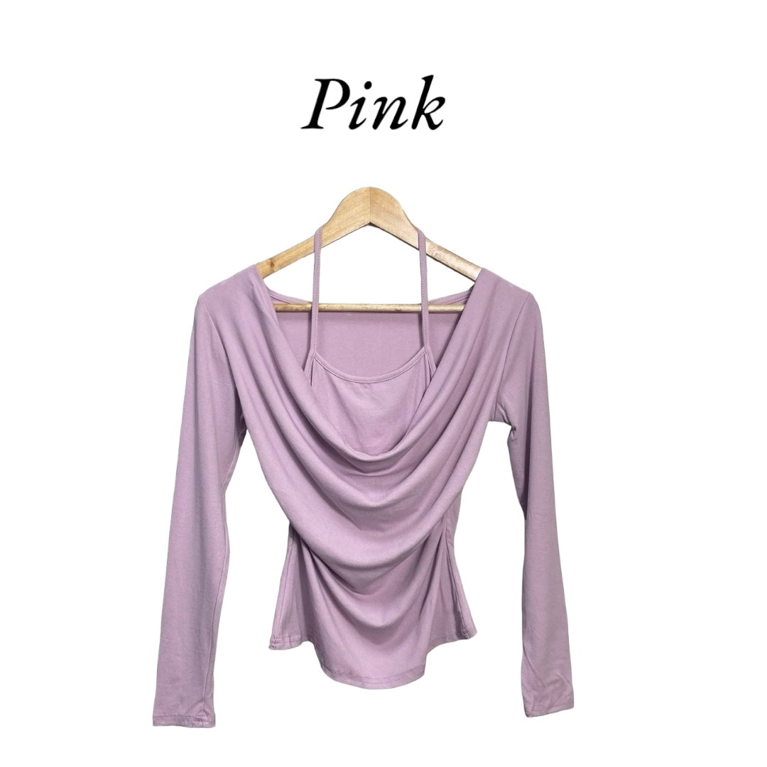 Korean Style Draped Neck Slim Fit Long Sleeve Top for Women