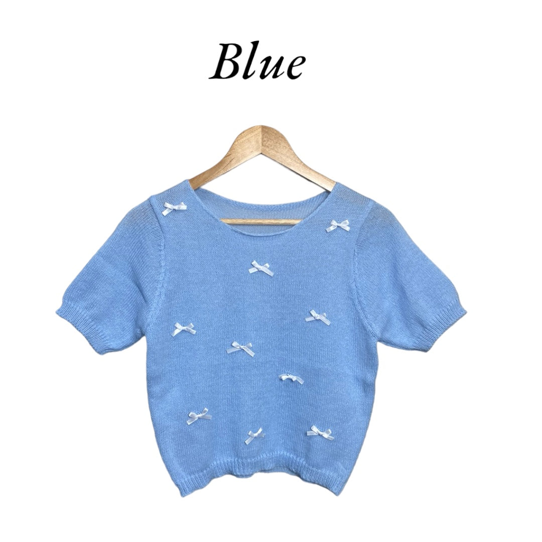 Korean Cute Bow Embroidery Knit Crop Top Short Sleeve for Women