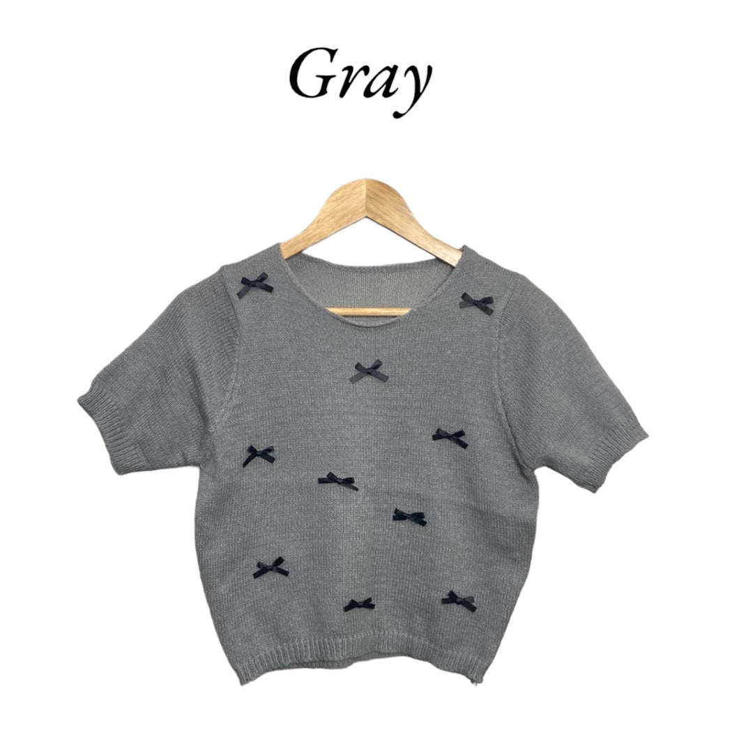 Korean Cute Bow Embroidery Knit Crop Top Short Sleeve for Women