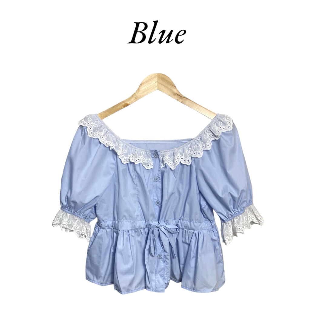 Korean Style Lace Trim Puff Sleeve Blouse for Women