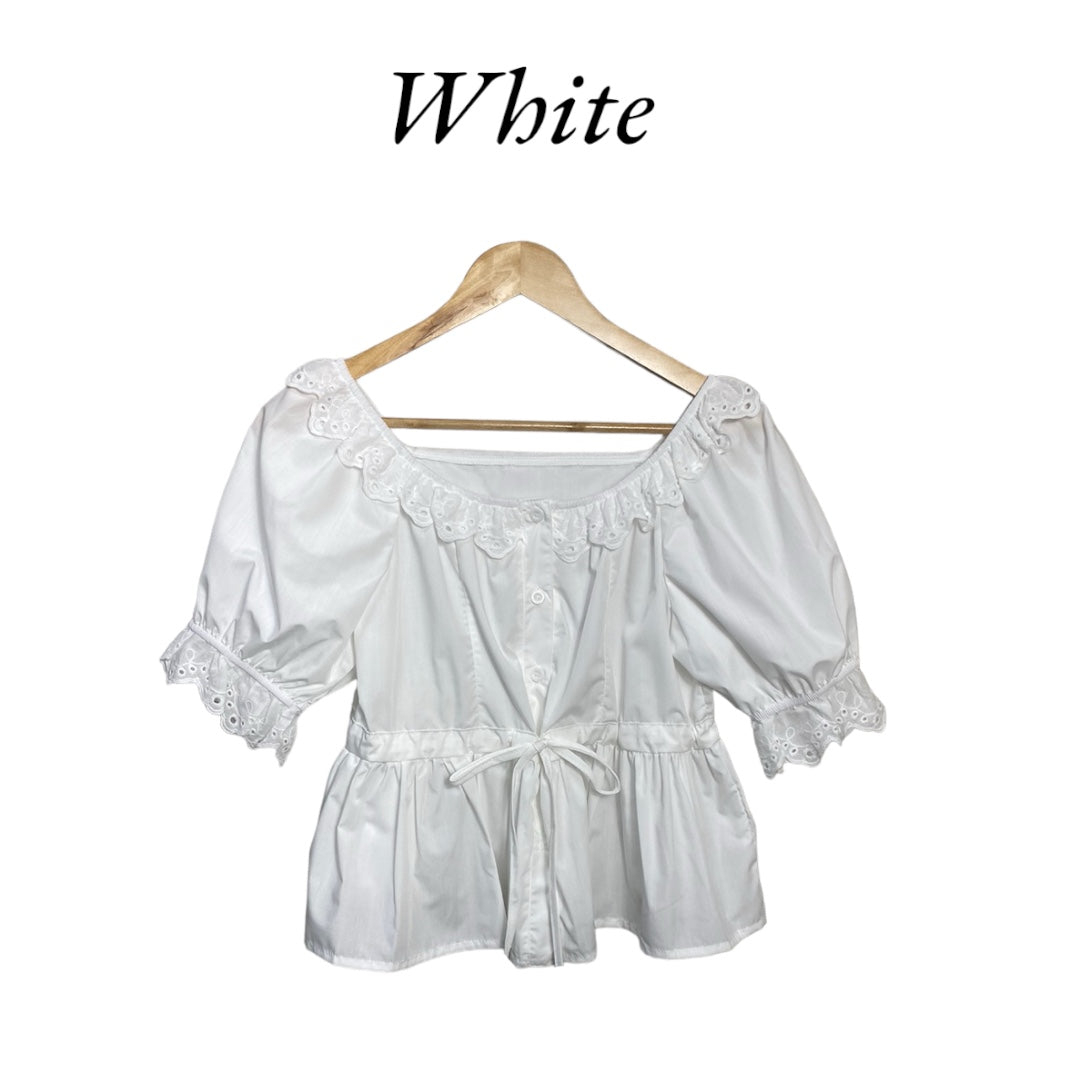 Korean Style Lace Trim Puff Sleeve Blouse for Women