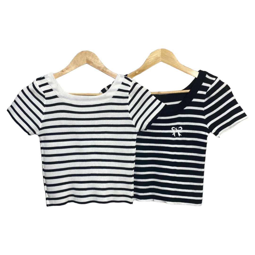 Striped Knit Short Sleeve Top with Bow Embroidery for Women Korean Style