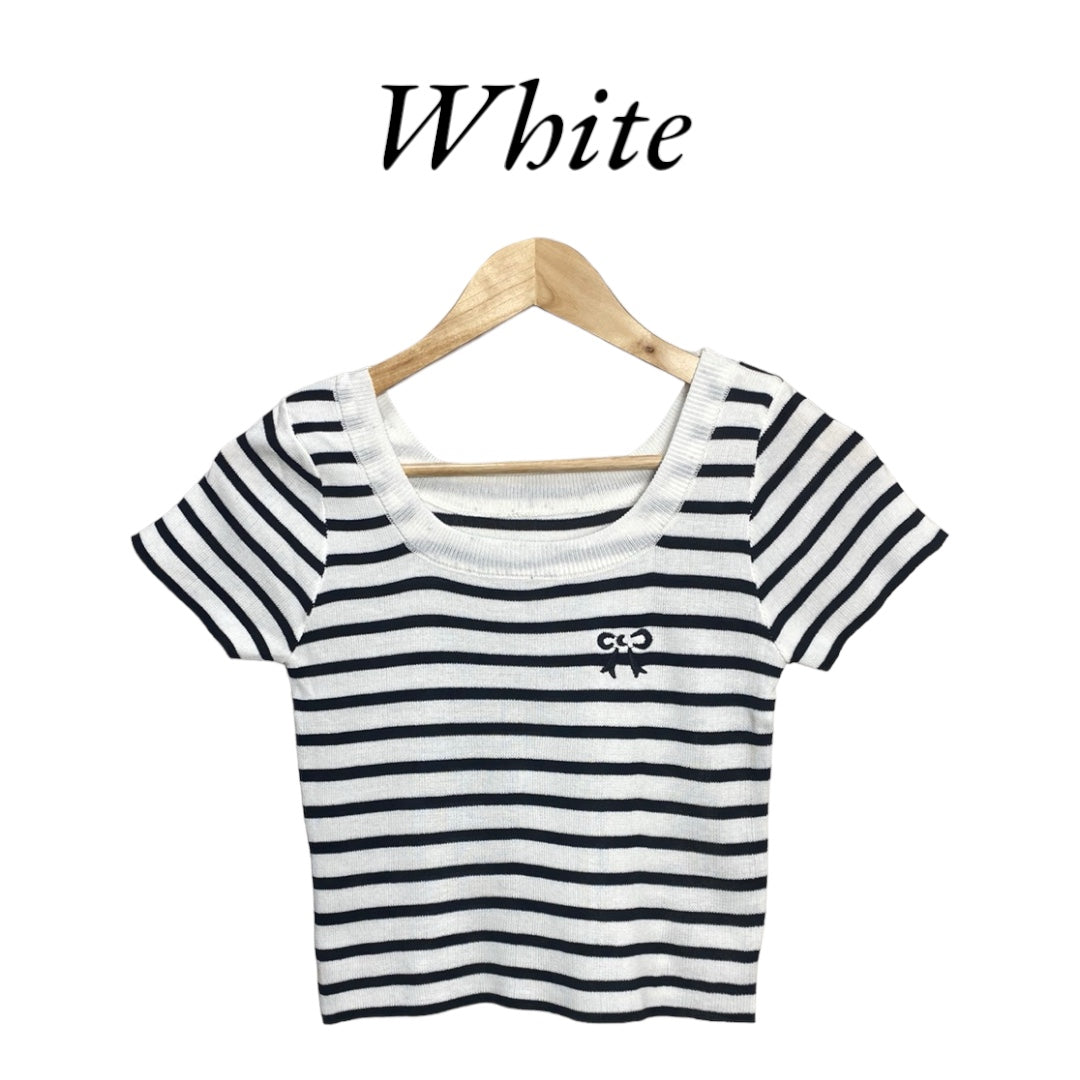 Striped Knit Short Sleeve Top with Bow Embroidery for Women Korean Style