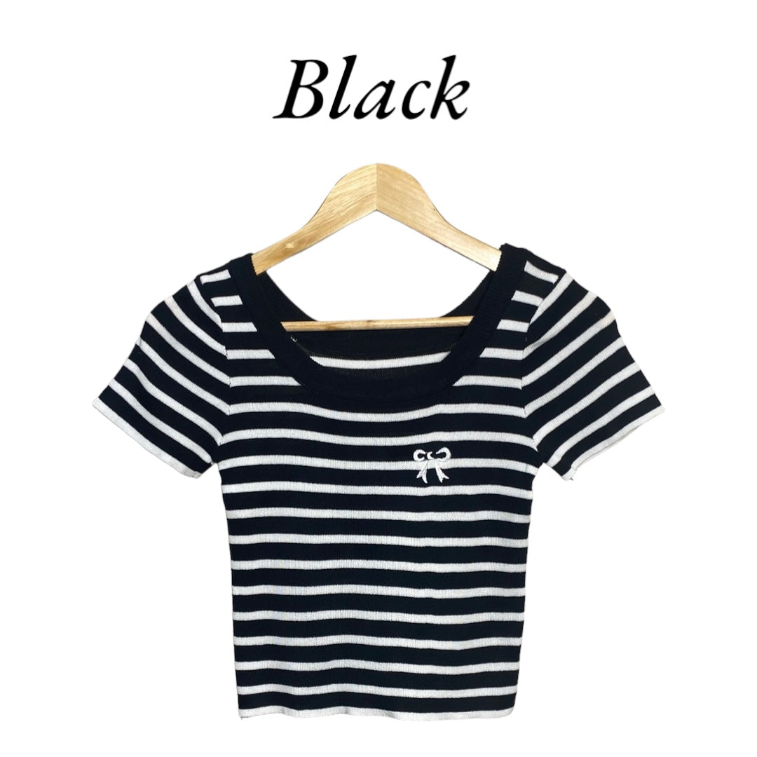 Striped Knit Short Sleeve Top with Bow Embroidery for Women Korean Style