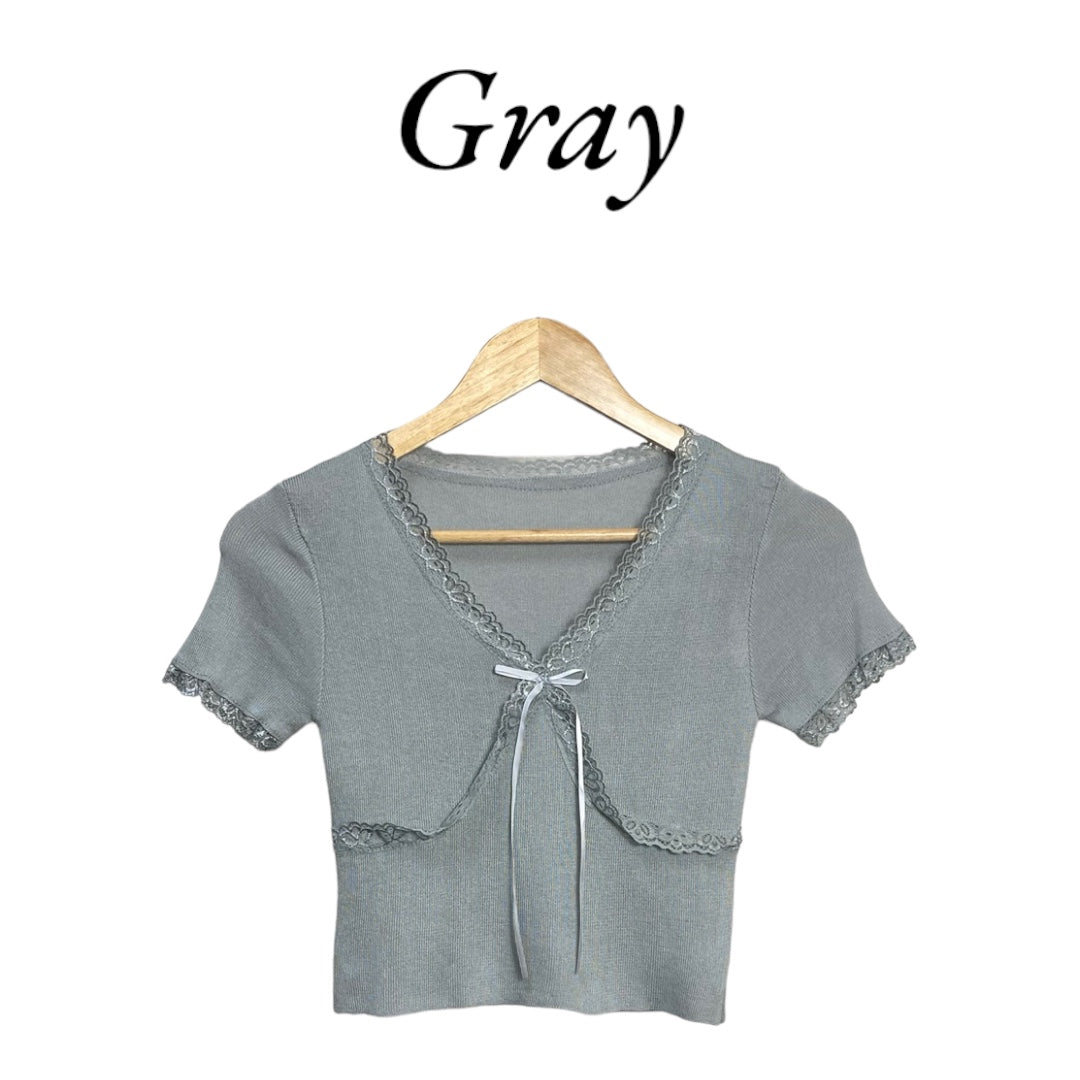 Korean Style Lace Trim Ribbon Tie Knit Crop Top for Women