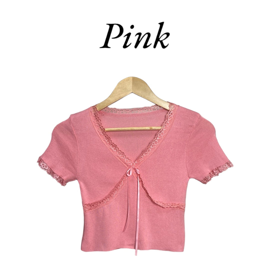 Korean Style Lace Trim Ribbon Tie Knit Crop Top for Women