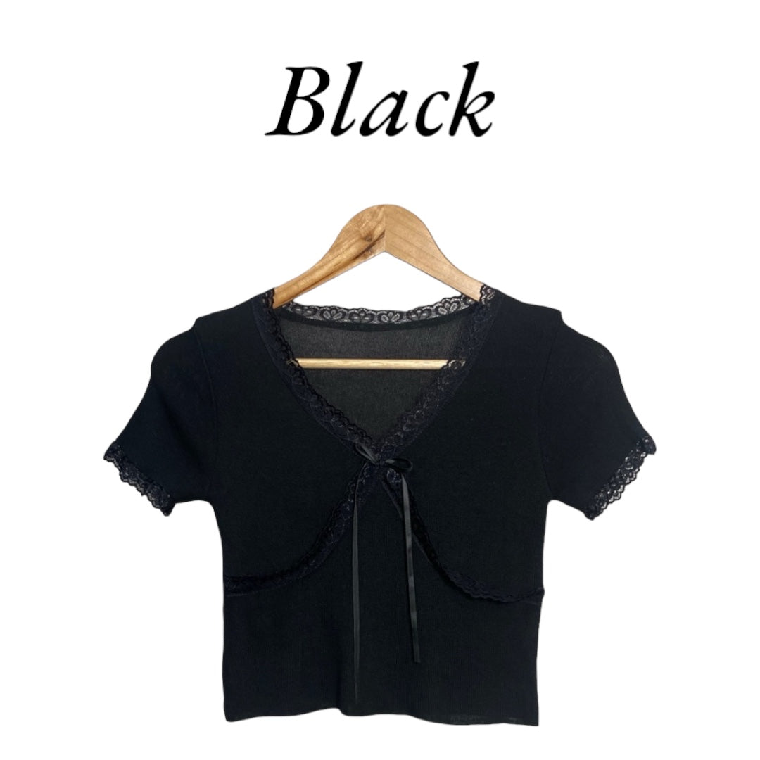 Korean Style Lace Trim Ribbon Tie Knit Crop Top for Women