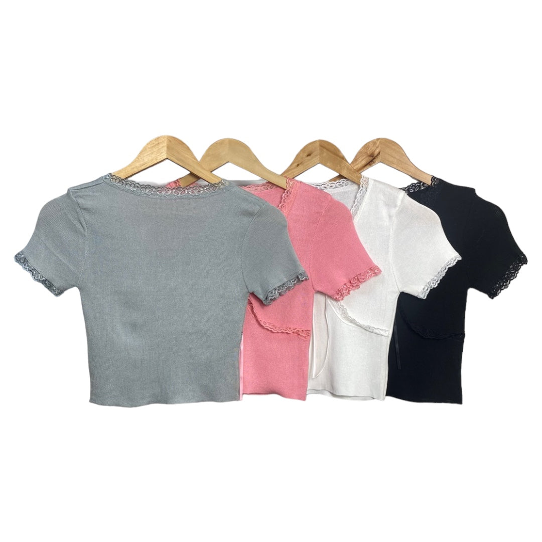 Korean Style Lace Trim Ribbon Tie Knit Crop Top for Women