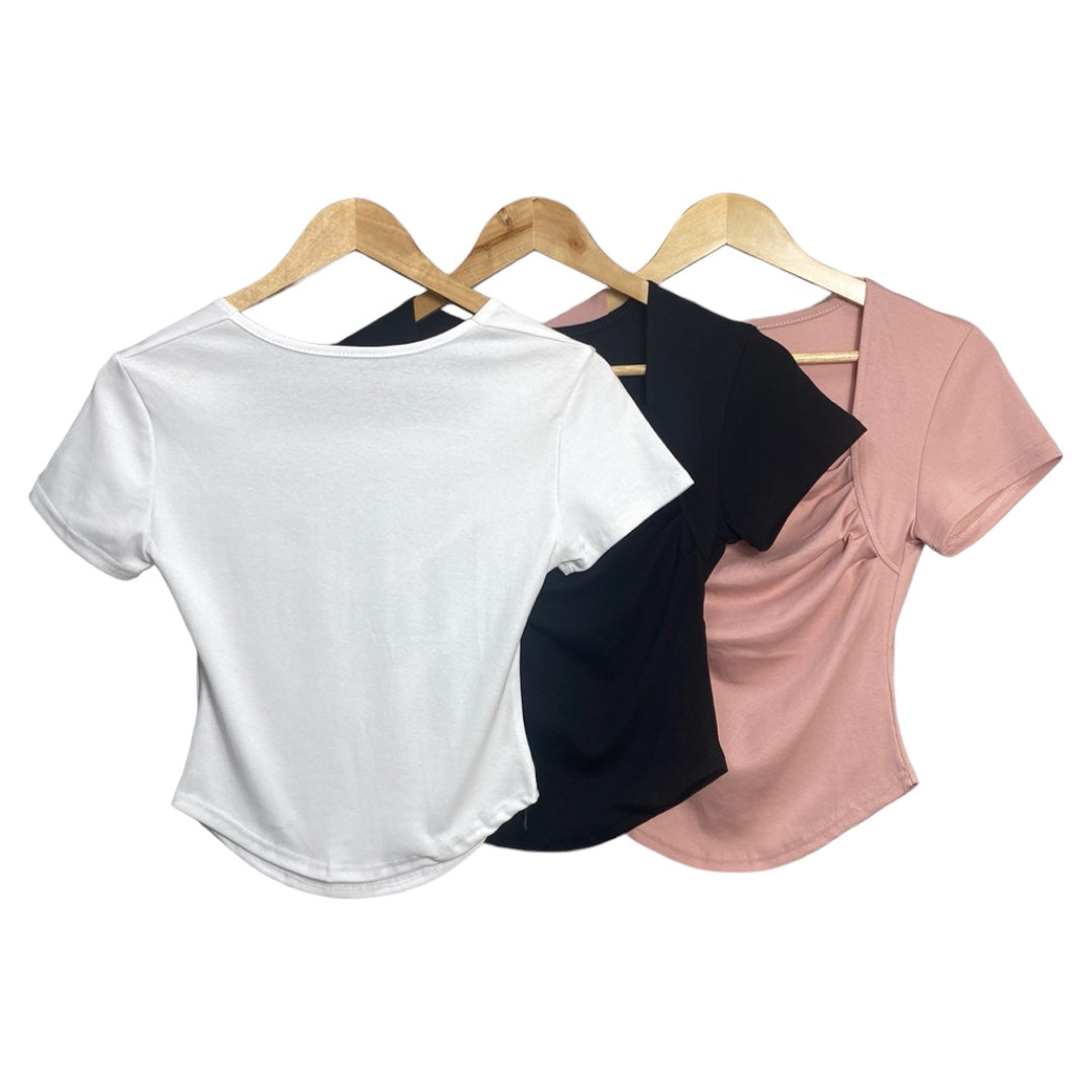 Korean Style Square Neck Slim Fit Short Sleeve Top with Front Shirring for Women