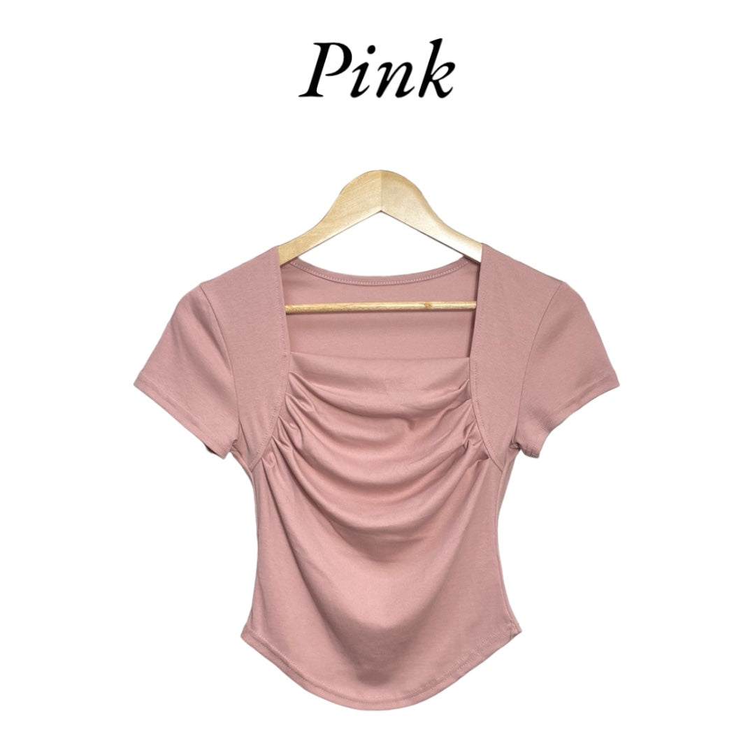 Korean Style Square Neck Slim Fit Short Sleeve Top with Front Shirring for Women