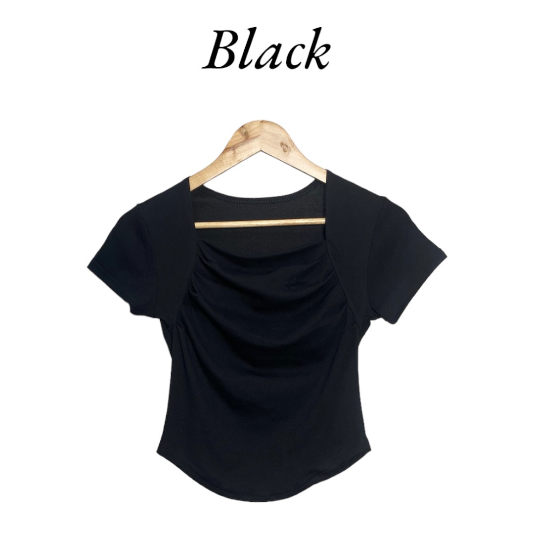 Korean Style Square Neck Slim Fit Short Sleeve Top with Front Shirring for Women
