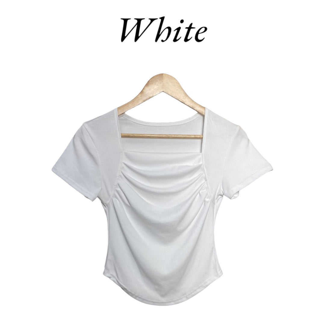 Korean Style Square Neck Slim Fit Short Sleeve Top with Front Shirring for Women