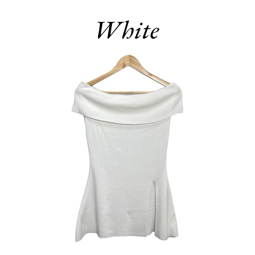 Soft off-shoulder mini dress in 4 colors.