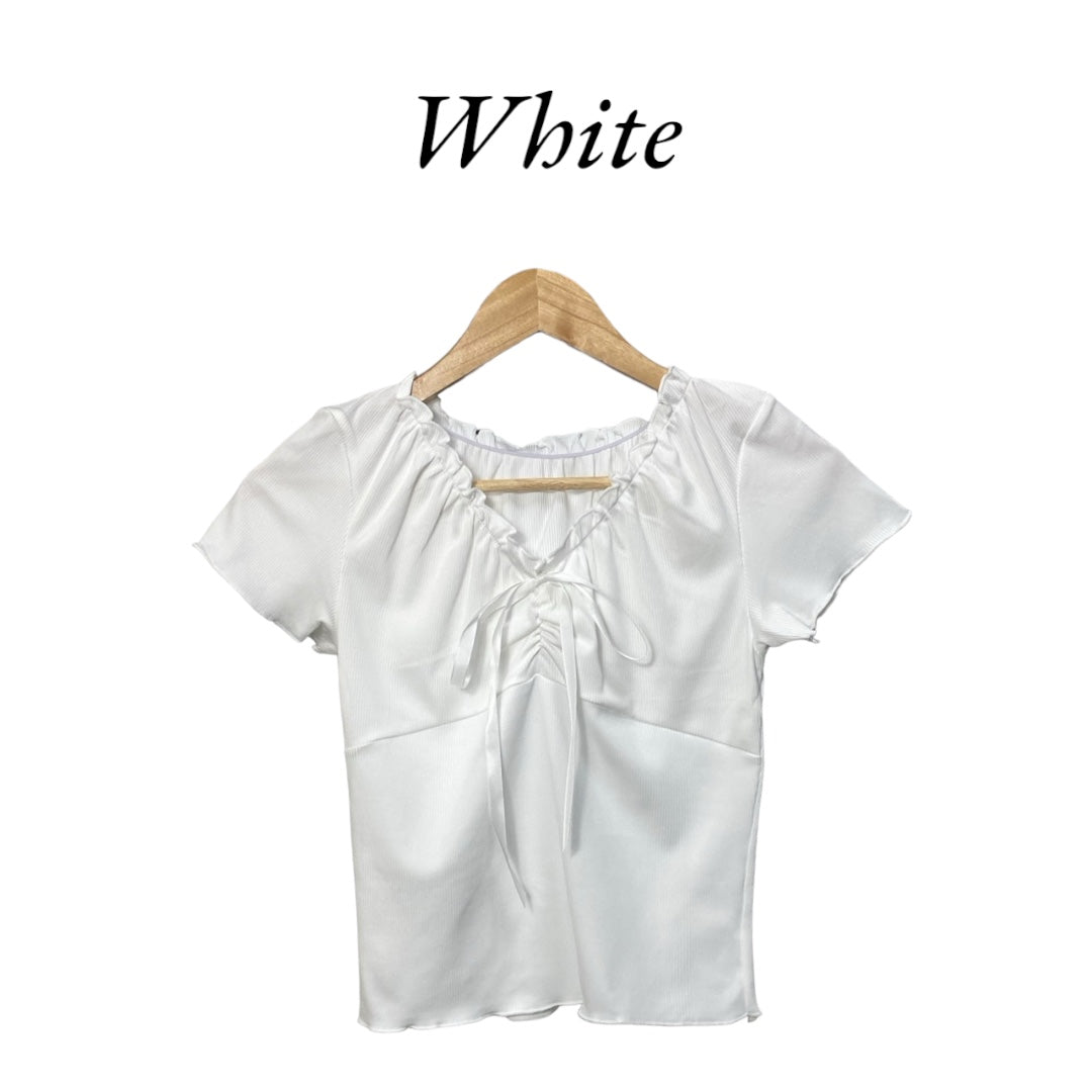 Korean Style Lace Trim Ribbon Tie Knit Crop Top for Women