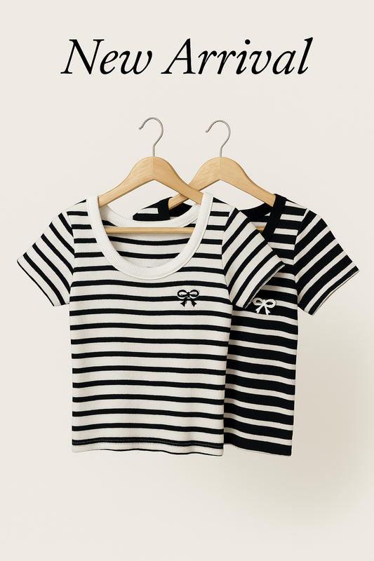 Striped Knit Short Sleeve Top with Bow Embroidery for Women Korean Style