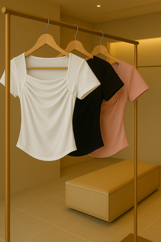Korean Style Square Neck Slim Fit Short Sleeve Top with Front Shirring for Women
