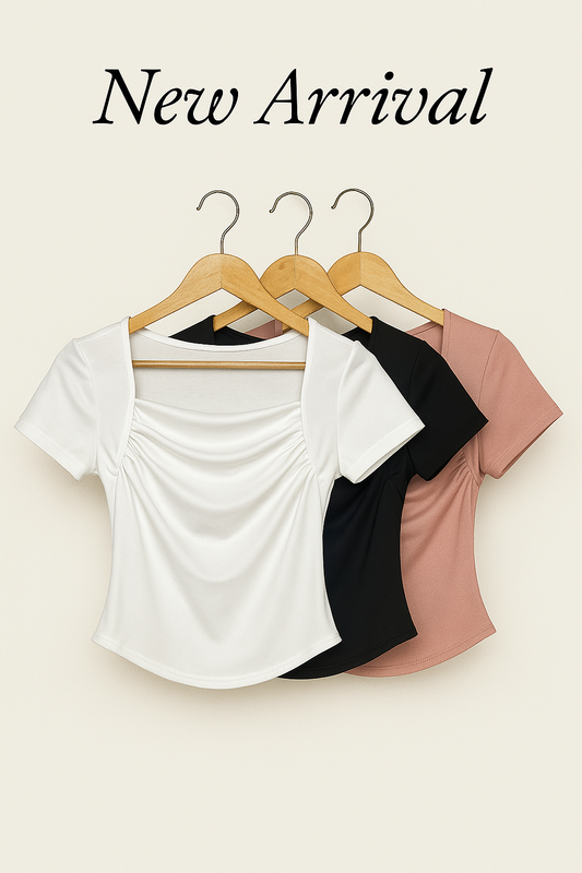 Korean Style Square Neck Slim Fit Short Sleeve Top with Front Shirring for Women