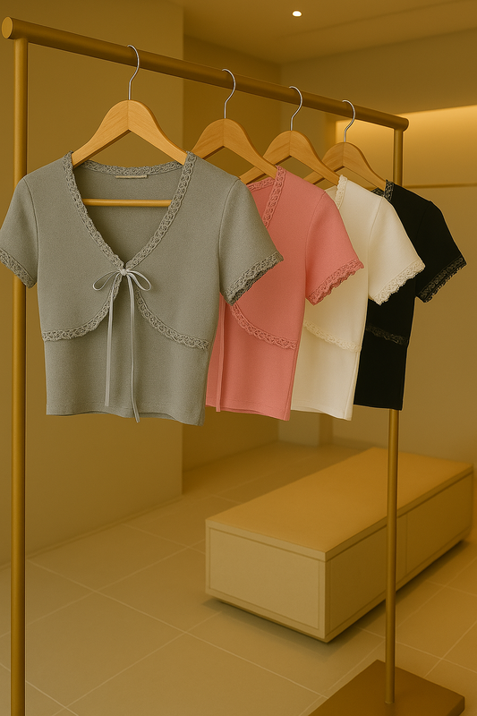 Korean Style Lace Trim Ribbon Tie Knit Crop Top for Women