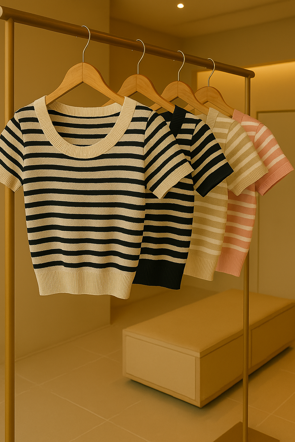 Korean Style Striped Knit Short Sleeve Crop Top for Women