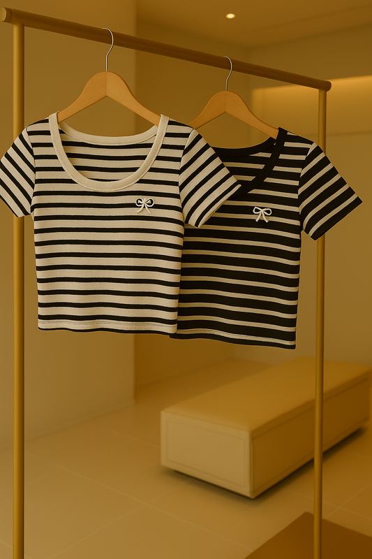 Striped Knit Short Sleeve Top with Bow Embroidery for Women Korean Style