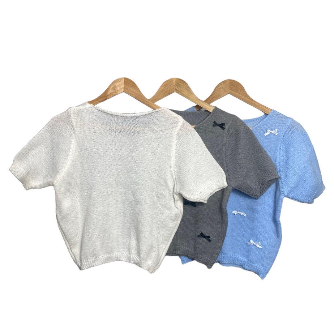Korean Cute Bow Embroidery Knit Crop Top Short Sleeve for Women