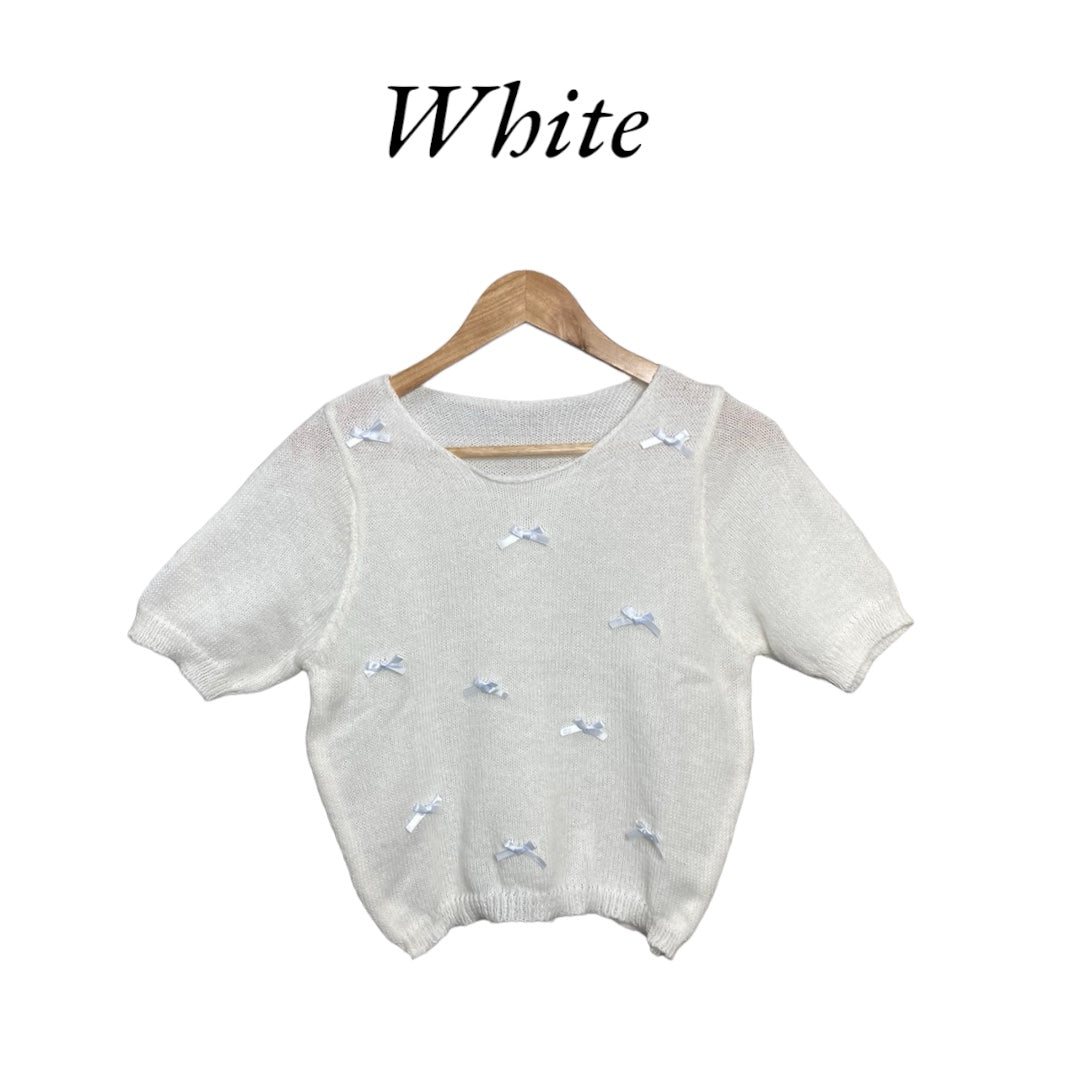 Korean Cute Bow Embroidery Knit Crop Top Short Sleeve for Women