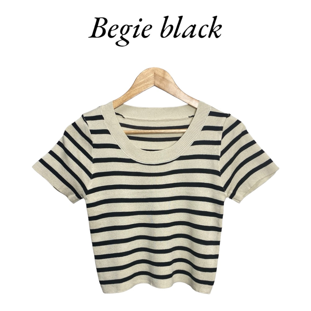Korean Style Striped Knit Short Sleeve Crop Top for Women
