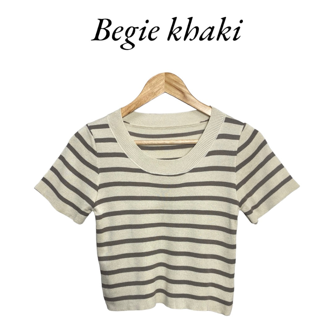 Korean Style Striped Knit Short Sleeve Crop Top for Women