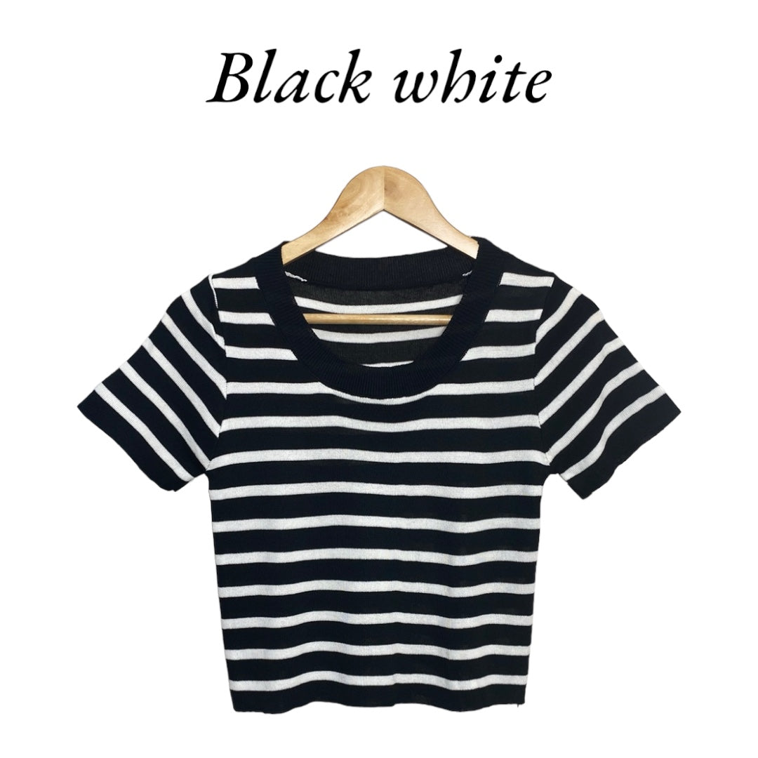 Korean Style Striped Knit Short Sleeve Crop Top for Women