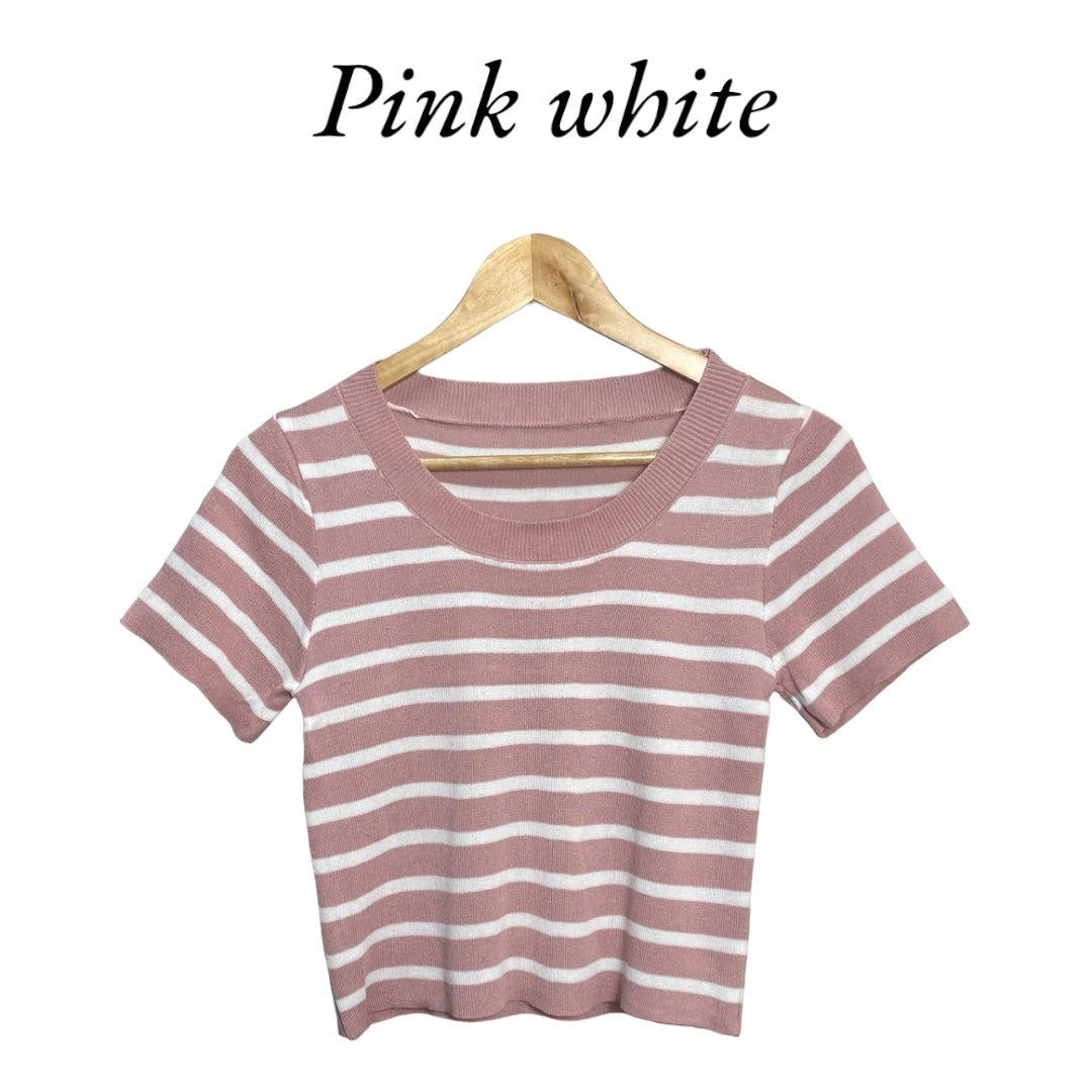 Korean Style Striped Knit Short Sleeve Crop Top for Women