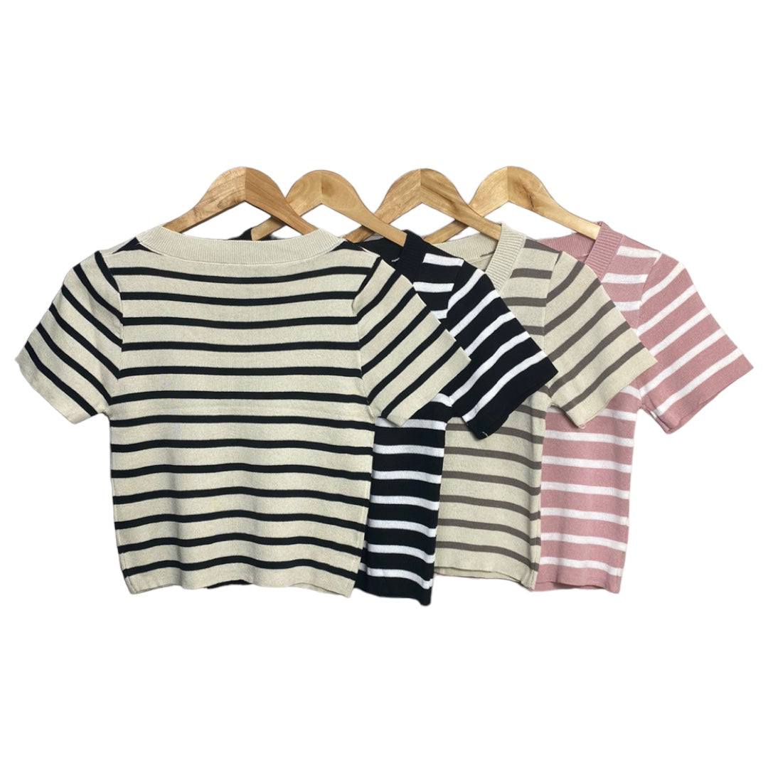 Korean Style Striped Knit Short Sleeve Crop Top for Women