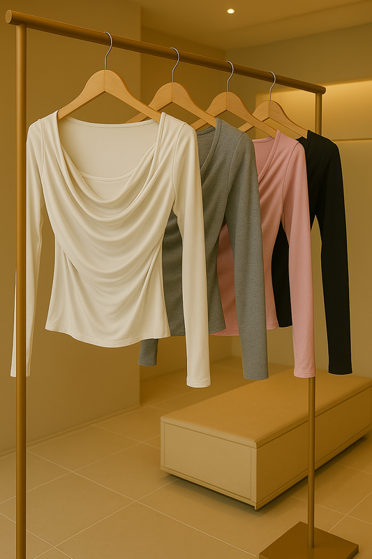 Korean Style Draped Neck Slim Fit Long Sleeve Top for Women