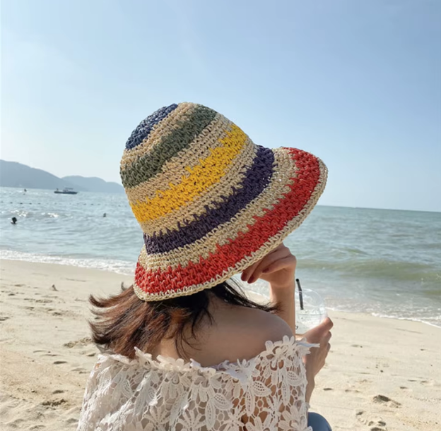 Colorful rainbow beanie hat to avoid the sun! Vacation hat